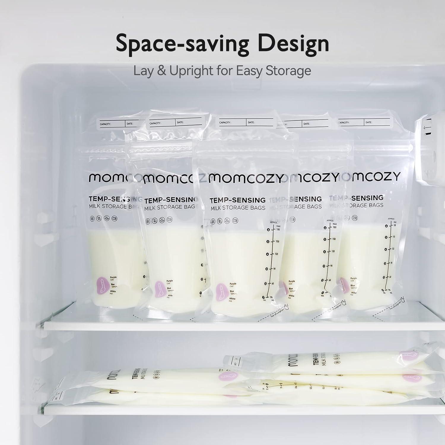 imageMomcozy Breastmilk Storing Bags TempSensing Discoloration Milk Storing Bags for Breastfeeding Disposable Milk Storage Bag with 6 Ounce Self Standing NoLeak Milk Freezer Storage Pouches 120pcs200 Count