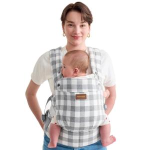 imageMomcozy Baby Carrier with Natural Cotton Linen Built to Last Ergonomic Design Lightweight and Comfortable HandsFree for MomsampampDads Brown CheckerboardCotton LinenSlate Checkerboard