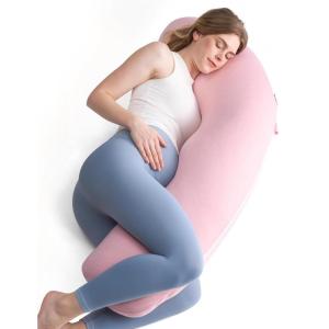 imageMomcozy Body Pillow for Pregnancy J Shaped Pregnancy Pillows for Side Sleeping Soft Maternity Pillow with Jersey Cotton Cover for Head Neck Belly Support PinkPink