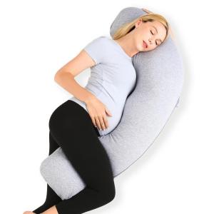 imageMomcozy Body Pillow for Pregnancy J Shaped Pregnancy Pillows for Side Sleeping Soft Maternity Pillow with Jersey Cotton Cover for Head Neck Belly Support PinkGrey