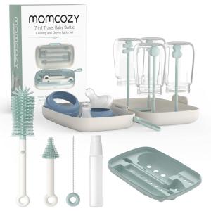 imageMomcozy Bottle Brush Set  Baby Bottle Cleaner Kit with Silicone Brush Nipple Brush Straw Brush Soap Dispenser Drying Rack  7 in 1 Bottle Cleaning Tool for Home and TravelGreen
