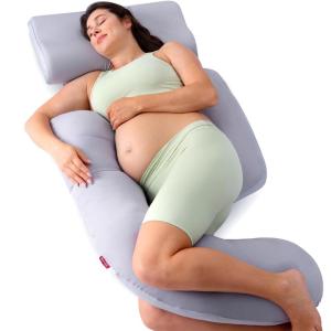 imageMomcozy Cooling Pregnancy PillowOriginal F Shaped Maternity Pillow for Pregnant Women with Adjustable Wedge Pillow Full Body Support Pregnancy Pillows for Side Sleeping with Velvet Cover Light GreyGrey Cooling Cover