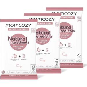 imageMomcozy Natural Breast Pump Wipes for Pump Parts Cleaning Onthego 30 Count Pack of 3 Flash Clean ampamp Resealable Pump Wipes
