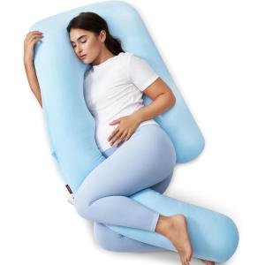 imageMomcozy Pregnancy Pillow with Cooling Cover Dreamlign U Pro Maternity Pillow with Adjustable Leg Pillow  Support for Back HIPS Belly Legs for Pregnant Women 5072 Inch Full Body Pillow GreyBlue Cooling Fabric