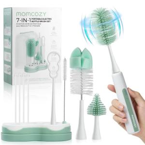 imageMomcozy 7 in 1 Electric Bottle Brush Kit Portable Cleaning Set with Formula Mixer Silicone Brush Nipple Brush Straw Brush Soap Dispenser Drying Rack  Long Battery Life for Home ampamp Travel