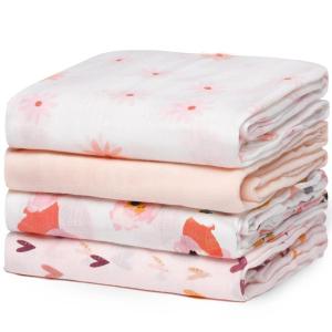 imageMomcozy Muslin Swaddle Blankets Soft Silky Baby Blankets 47 x 47 inches Breathable Swaddle Blankets Newborn Receiving Blanket for Boys and Girls 4 PackHeart Flower