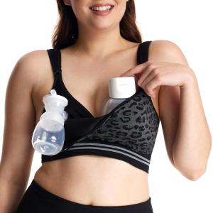 imageMomcozy Seamless Pumping Bra Hands Free Fixed Padding HandsFree Pumping ampamp Nursing Bra Wireless Comfort Pumping Bra Leopard BlackLeopard Black