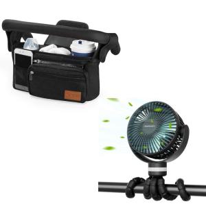 imageMomcozy Universal Stroller Organizer with Insulated Cup Holder Portable Stroller Fan 27H Ultralong Battery Life Detachable 4 Speed 360Rotate LED Night Light with 2 Modes