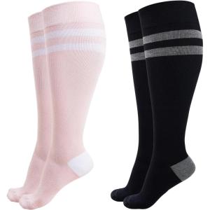 imageMomcozy Compression Socks for Women Wide Calf 1520mmHg Knee High Support Socks for Pregnancy Nurses Travel FlyingBlackPink