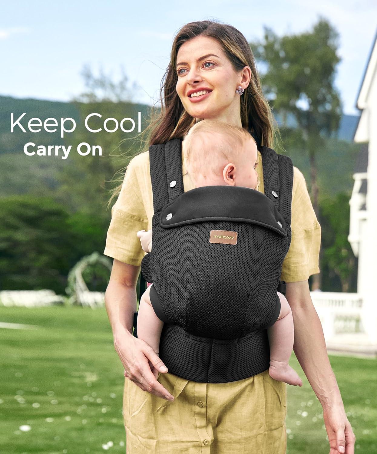 imageMomcozy Breathable Baby Carrier Ergonomic and Lightweight Infant Carrier for 745lbs with Enhanced Lumbar Support All Day Comfort for HandsFree Parenting Air MeshDeep Black