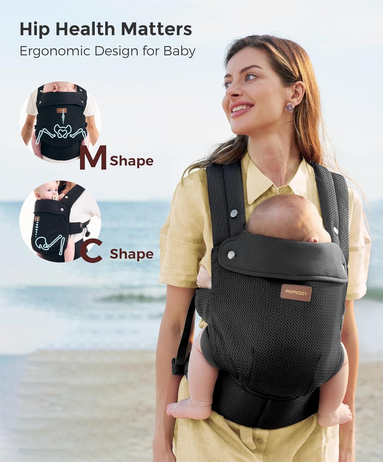 imageMomcozy Breathable Baby Carrier Ergonomic and Lightweight Infant Carrier for 745lbs with Enhanced Lumbar Support All Day Comfort for HandsFree Parenting Air MeshDeep Black