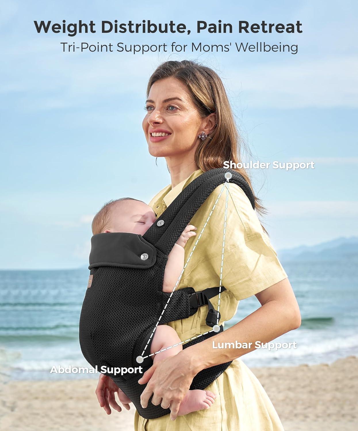 imageMomcozy Breathable Baby Carrier Ergonomic and Lightweight Infant Carrier for 745lbs with Enhanced Lumbar Support All Day Comfort for HandsFree Parenting Air MeshDeep Black