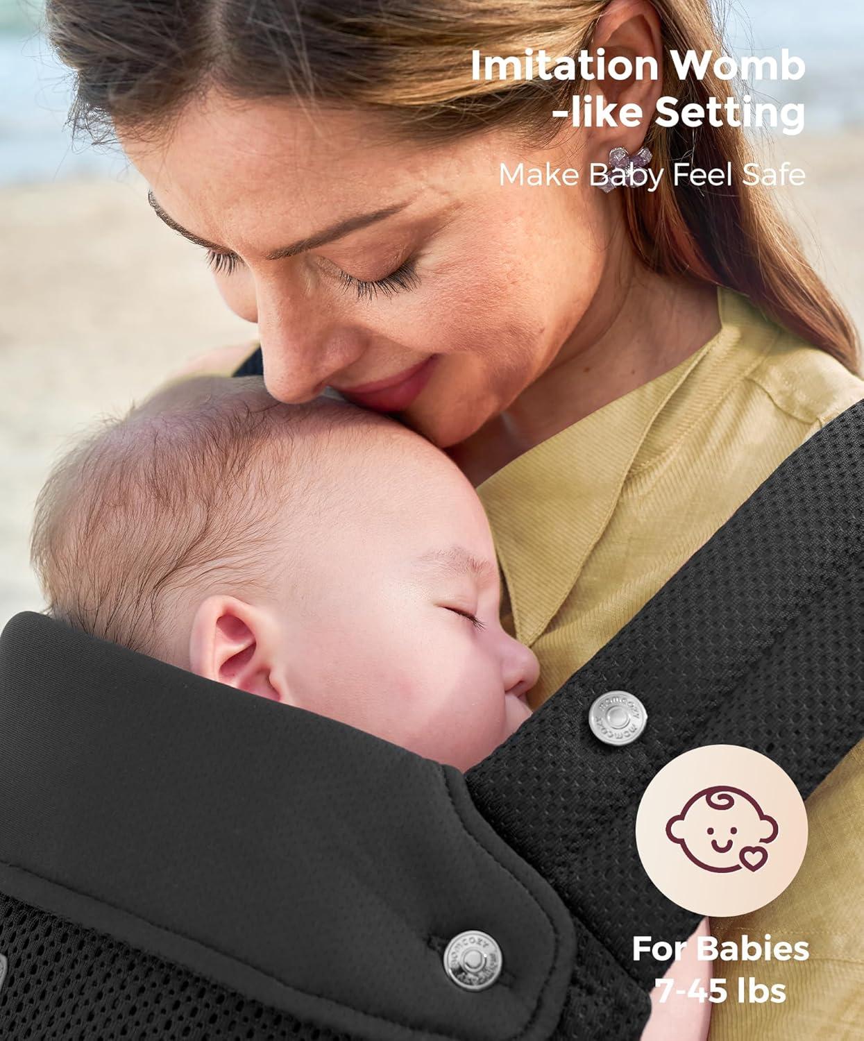 imageMomcozy Breathable Baby Carrier Ergonomic and Lightweight Infant Carrier for 745lbs with Enhanced Lumbar Support All Day Comfort for HandsFree Parenting Air MeshDeep Black