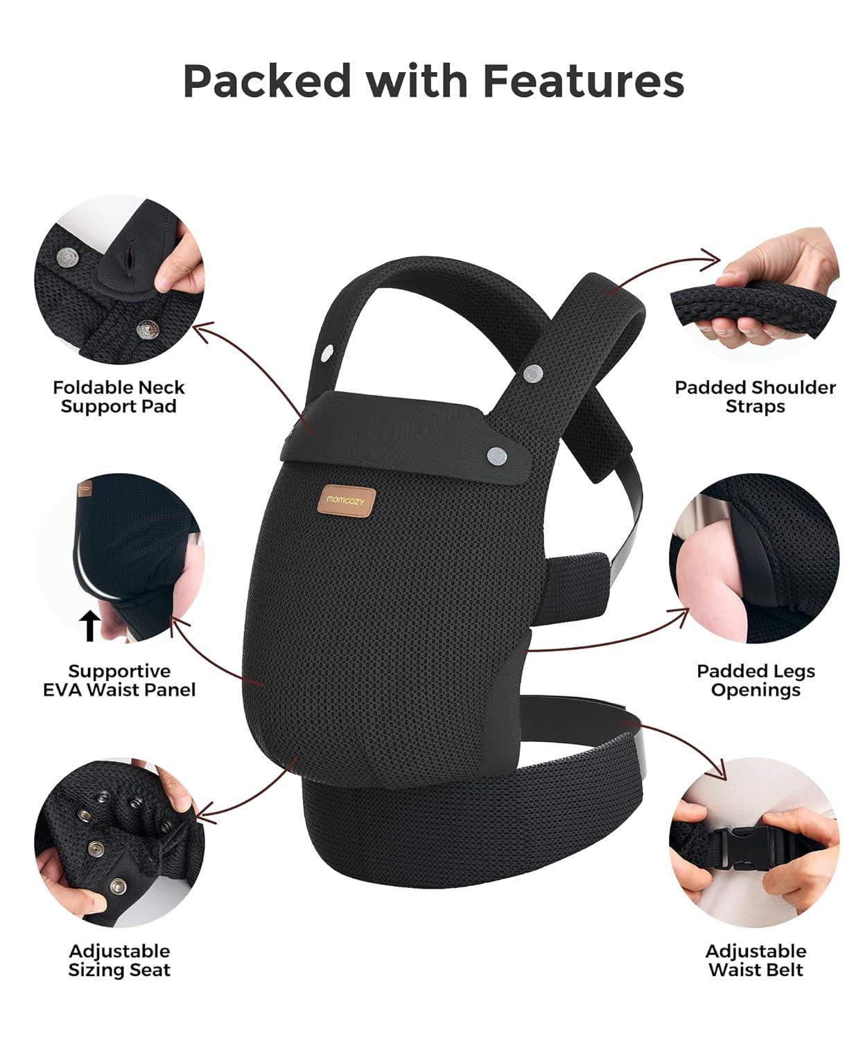 imageMomcozy Breathable Baby Carrier Ergonomic and Lightweight Infant Carrier for 745lbs with Enhanced Lumbar Support All Day Comfort for HandsFree Parenting Air MeshDeep Black