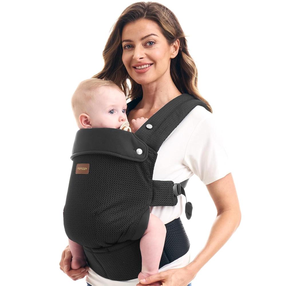 imageMomcozy Breathable Baby Carrier Ergonomic and Lightweight Infant Carrier for 745lbs with Enhanced Lumbar Support All Day Comfort for HandsFree Parenting Air MeshDeep Black
