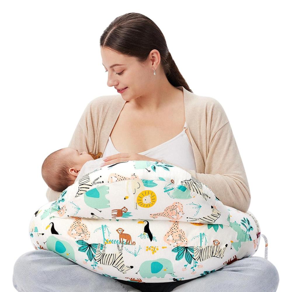 imageMomcozy Original Nursing Pillow and Positioner  Plus Size Feeding Pillow  Breastfeeding Bottle Feeding Baby Support  with Adjustable Waist Strap and Removable Cotton Cover Green ForestColorful Animals