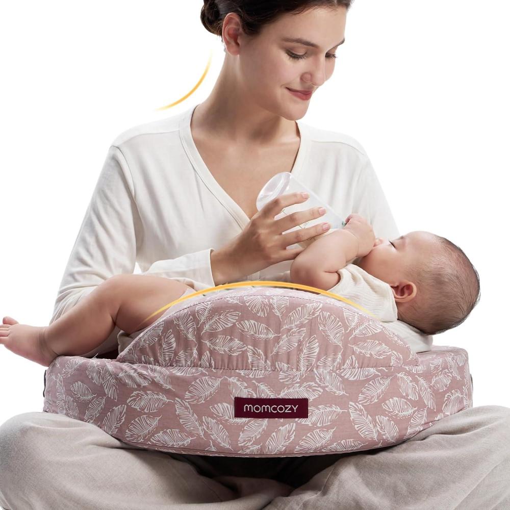 imageMomcozy Original Nursing Pillow and Positioner  Plus Size Feeding Pillow  Breastfeeding Bottle Feeding Baby Support  with Adjustable Waist Strap and Removable Cotton Cover Green ForestLight Pink