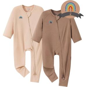 imageMomcozy Unisex Baby Pajamas BabyTemp Monitoring Double Zipper Boy Girl Sleepers Rompers Footie 2 Pack Light Weight Stretchy Viscose Derived from Bamboo Baby Jammies 1824 M Pinkish Grey Brown