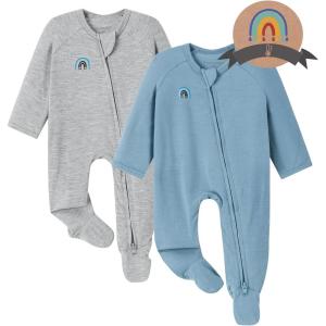 image:imageMomcozy Unisex Baby Pajamas BabyTemp Monitoring Double Zipper Boy Girl Sleepers Rompers Footie 2 Pack Light Weight Stretchy Viscose Derived from Bamboo Baby Jammies 03 M Blue Grey