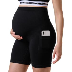 image:imageMomcozy Women Maternity Biker Shorts with Pocket 6 Over Belly High Waisted Pregnancy Yoga Shorts Seamless Casual ActivewearBlack
