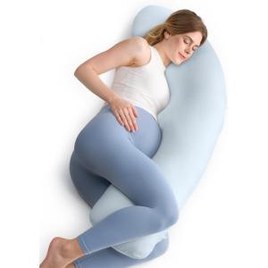 image:imageMomcozy JShaped Pregnancy Pillow for Sleeping with Cooling Cover Side Sleeper Support for Belly Hip amp Leg Deep GreyBlue